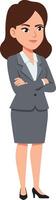 Confident businesswoman in a grey suit standing with arms crossed in a professional setting featuring flat design illustration vector