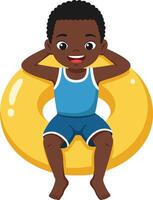 Happy young boy enjoying summer fun while sitting in a bright yellow inflatable ring in a playful and cheerful flat illustration vector