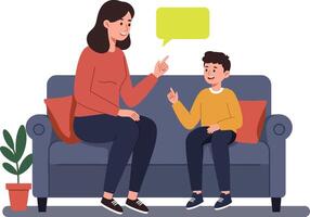 A mother and son engaging in lively conversation while sitting on a cozy couch in a flat illustration showcasing warmth and connection vector