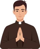 A young male priest with folded hands in a brown robe showcasing a calm demeanor in a minimal flat illustration vector