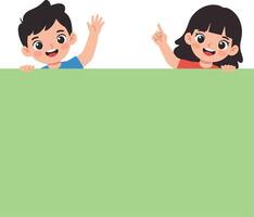 Two cheerful children waving and pointing while peeking over a blank green banner in a playful flat illustration vector