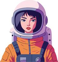 Astronaut woman in an orange suit with a white helmet, detailed illustration showcasing confidence and adventure in a cosmic setting with a futuristic vibe art vector