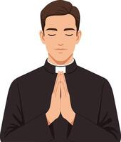 A young priest in a black cassock with clasped hands praying in a serene and reflective manner, showcasing minimal illustration style vector