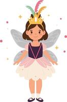 A joyful little girl dressed as a fairy with colorful wings and a crown in a playful flat illustration vector