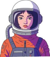 Astronaut woman with a stylish helmet and vibrant orange suit in detailed illustration showcasing determination and adventure in a futuristic setting vector