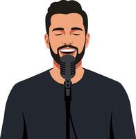 A man singing joyfully into a vintage microphone in a flat design art style showcasing vibrant colors and a lively atmosphere vector