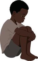 A young boy sitting in a thoughtful pose with arms wrapped around knees, showcasing a minimal and expressive style, illustration vector