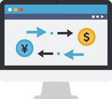 Computer monitor displaying currency exchange symbols in flat design style illustrating financial transactions in art vector