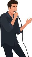 Young man passionately singing into a microphone in a flat and minimal style art vector