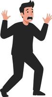 A startled man with raised hands in a black outfit displaying fear and anxiety in a minimal flat design illustration vector