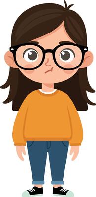 A young girl with long brown hair wearing glasses and an orange sweater, standing confidently, in a cute, minimal design style, illustration