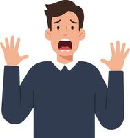 Man expressing surprise with wide eyes and open mouth, wearing a dark sweater in a flat illustration vector