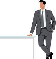 Professional man in a grey suit leaning casually against a modern table in a minimal and sleek design illustration vector