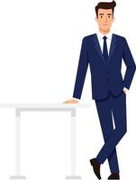 Confident businessman in a navy suit leaning against a white table in a minimalistic office environment, showcasing professionalism in flat art vector