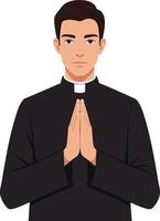 A young priest in a black cassock with hands clasped together, showcasing a serene expression in a minimal illustration vector