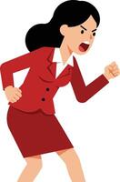 Animated woman in a red business suit expressing anger in a dynamic pose, flat design illustration vector