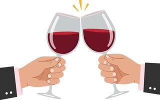 Two hands clinking glasses of red wine in a minimal flat design style celebrating a joyful occasion in art vector