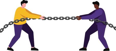 Two people engaged in a tug-of-war with a chain, showcasing determination and strength in a minimal illustration vector