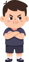 A young boy with an angry expression standing confidently with arms crossed in a minimal flat illustration style showcasing determination and frustration in a playful ambiance art vector