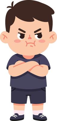 A young boy with an angry expression standing confidently with arms crossed in a minimal flat illustration style showcasing determination and frustration in a playful ambiance art