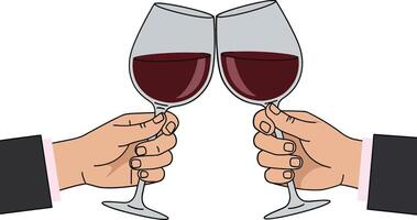 Two hands clinking glasses of red wine in a celebratory toast minimalist illustration vector
