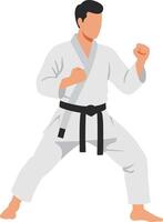 Karate practitioner in a focused stance with a black belt, showcasing strength and determination in a flat illustration vector