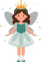A cheerful young girl dressed as a fairy with wings and a crown in a playful, flat design illustration vector