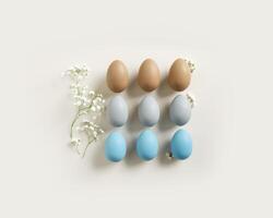 Elegant Easter Composition with Pastel Eggs and Spring Blossoms, still life Dyed eggs in soft pastel colors, top view spring holiday minimal creative pattern, neutral earth colored image, above photo
