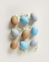 Easter Aesthetic with Matte Eggs and Delicate Florals, painted chicken egg decorated white flowers, top view on beige background, spring holiday concept. Minimal style pattern in pastel tones photo