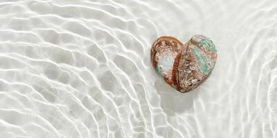 Two natural seashells forming heart, sea water gentle ripples cast soft, wavy shadows on clean, light-color background, summer, serene, minimalist aesthetic concept. Feelings of love, tranquil photo