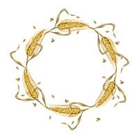 Wreath of wheat ears, wheat leaves and ripe grains. All objects are hand-drawn with watercolors and isolated on a white background. Suitable for printing on fabric, product packaging, and tableware vector