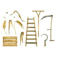 Set of harvesting tools, scythe, sickle, rake, wooden box, ladder, wheat ears, wheat grains. All objects are hand-drawn with watercolors. For printing, design, scrapbooking vector