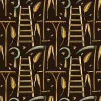 Seamless watercolor pattern on the theme of harvesting. Rake, scythe, sickle, ladder, ears of wheat and wheat grains, all objects are hand-drawn in watercolor. For printing on fabric, paper vector