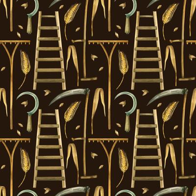 Seamless watercolor pattern on the theme of harvesting. Rake, scythe, sickle, ladder, ears of wheat and wheat grains, all objects are hand-drawn in watercolor. For printing on fabric, paper