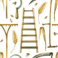 Watercolor seamless pattern harvesting, scythe for cutting grass, wheat, sickle, rake for collecting grass, ears of wheat, grains. All objects are hand-drawn with watercolors. For printing on fabric vector