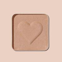 Top view eye shadow neutral beige swatch with shadow, monochrome minimal style photo, refill eyeshadow with heart imprint, trend colored powder for makeup, square metal pack, beauty cosmetic photo
