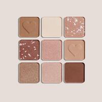 Trend pattern with refill eye shadow swatches, beige brown natural colors on light background. Eyeshadows powder for make up, shiny and matte, minimal aesthetic photo, pastel color, view, flat lay photo