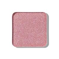 Top view eye shadow glitter beige pink swatch, object isolated on white background with shadow, sparkling eyeshadow, shiny colored powder for festive makeup, square shape metal pack, beauty photo