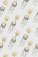 Creative pattern with Many glasses of white wine, Aesthetic top view pattern, minimal style flat lay. Wine glass at sunlight, sun shadows and shiny glare glass. Light alcohol drinks for party photo
