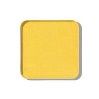 Top view eye shadow yellow swatch, object isolated on white background with shadow, sparkling eyeshadow, colored matte powder for festive makeup, square shape metal pack, beauty texture photo