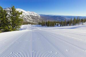 Snow velvet and blue sky on ski slope on on mount Green, Sheregesh ski resort. Prepared ski and snowboard track with trace of snow groomer on snow. Beautiful sunny winter day for sport, leisure photo