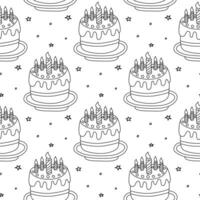 Monochrome seamless pattern featuring hand drawn birthday cakes with candles and small stars. Black and white festive background for design, print. vector