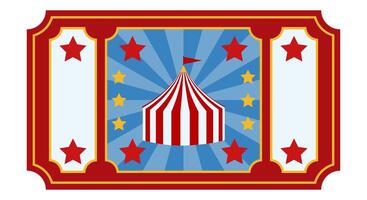Retro circus ticket with a red and blue design featuring a striped circus tent, stars, and decorative elements. Event admission pass template for entertainment, carnival, and fair entry. vector