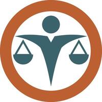 Scales of justice with figure, legal icon showing balance and fairness, representing judge or lawyer within a circular emblem vector