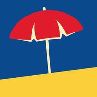 Red beach umbrella on yellow sand against a blue backdrop, a simple summer icon showing a shaded area for relaxation and vacation vector