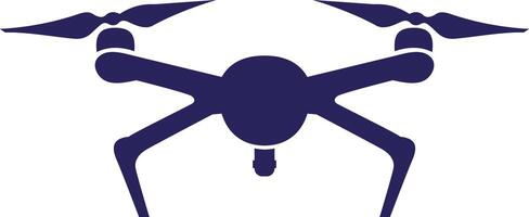 Dark blue drone icon with propellers, simplified aerial vehicle symbol showing quadcopter with extended arms and central body vector