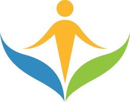 Stylized person with outstretched arms, a wellness icon showing a figure embraced by leaf shapes, representing growth, balance, and harmony vector