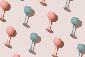 Minimal trend pattern from pink and blue colored wine glasses on beige background, geometric stylish layout of goblets. Entertainment, event, summer party concept. Abstract alcohol drinks photo
