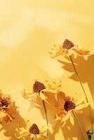 flowers minimal background, Autumn flowery pattern, beautiful shadow from sunlight. Nature design flower still life, minimal style aesthetic flatlay, above view, yellow color, copyspace photo
