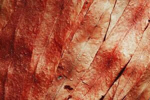 Natural autumn texture from narrow red leaves with water drops. Beautiful autumnal botanical pattern, close up wet fall leaf top view, aesthetic nature still life, macro photography photo